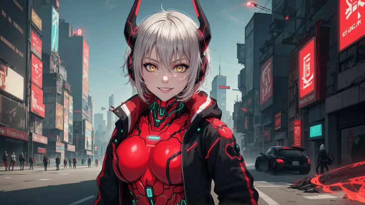 masterpiece,best quality,absurdres,ZentreyaCyborgBase,yellow eyes,short hair,mechanical horns,red bodysuit,black jacket,portrait,upper body,smile,<lora:CHAR-ZentreyaCyborg:1>,cyberpunk city,street,road,buildings,cars,neon,