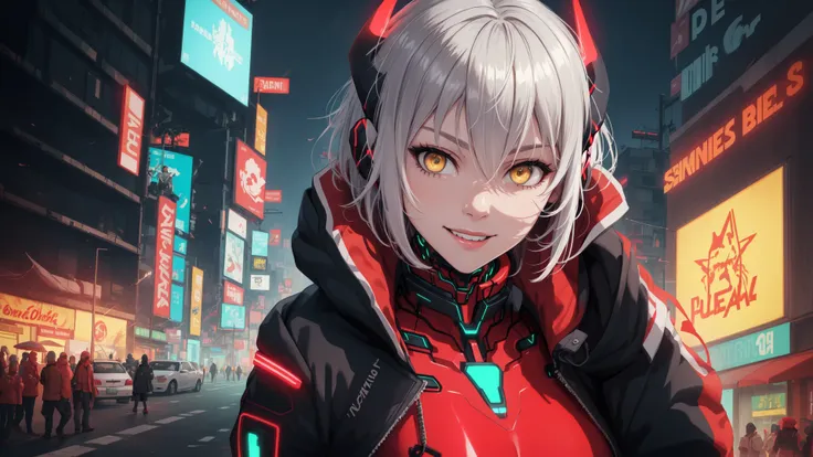 masterpiece,best quality,absurdres,ZentreyaCyborgBase,yellow eyes,short hair,mechanical horns,red bodysuit,black jacket,portrait,upper body,smile,<lora:CHAR-ZentreyaCyborg:1>,cyberpunk city,street,road,buildings,cars,neon,