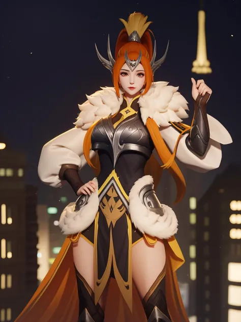WZRYhuamulanGJFJ, 1girl, solo, long hair,armor,fur trim, orange hair,breasts, high ponytail, thighhighs,puffy sleeves, <lora:WZRYhuamulanGJFJ:0.75>,cityscape, night, looking at viewer, mature female, (hand on hip:1.1),