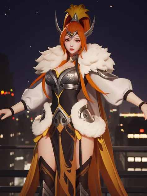 WZRYhuamulanGJFJ, 1girl, solo, long hair,armor,fur trim, orange hair,breasts, high ponytail, thighhighs,puffy sleeves, <lora:WZRYhuamulanGJFJ:0.75>,cityscape, night, looking at viewer, mature female, (hand on hip:1.1),