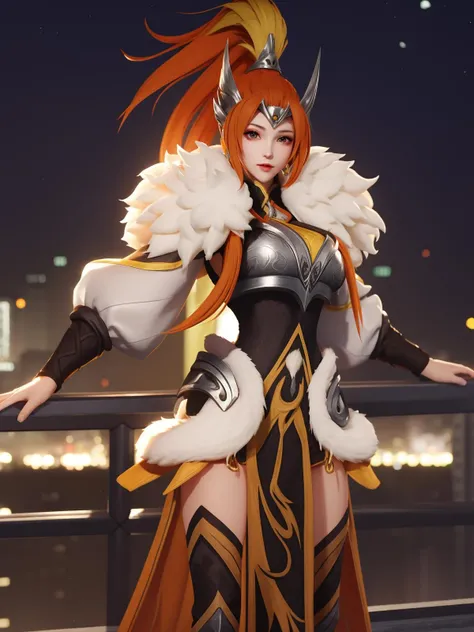 WZRYhuamulanGJFJ, 1girl, solo, long hair,armor,fur trim, orange hair,breasts, high ponytail, thighhighs,puffy sleeves, <lora:WZRYhuamulanGJFJ:0.75>,cityscape, night, looking at viewer, mature female, (hand on hip:1.1),