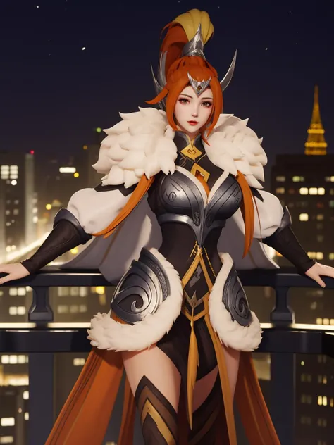 WZRYhuamulanGJFJ, 1girl, solo, long hair,armor,fur trim, orange hair,breasts, high ponytail, thighhighs,puffy sleeves, <lora:WZRYhuamulanGJFJ:0.75>,cityscape, night, looking at viewer, mature female, (hand on hip:1.1),