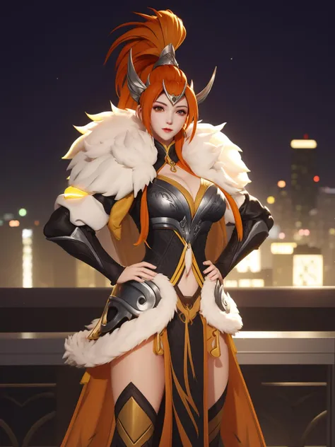 WZRYhuamulanGJFJ, 1girl, solo, long hair,armor,fur trim, orange hair,breasts, high ponytail, thighhighs,puffy sleeves, <lora:WZRYhuamulanGJFJ:0.75>,cityscape, night, looking at viewer, mature female, (hand on hip:1.1),