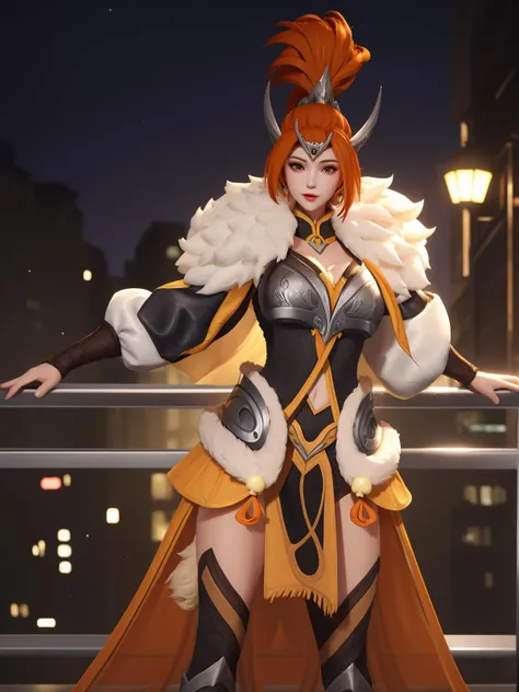 WZRYhuamulanGJFJ, 1girl, solo, long hair,armor,fur trim, orange hair,breasts, high ponytail, thighhighs,puffy sleeves, <lora:WZRYhuamulanGJFJ:0.75>,cityscape, night, looking at viewer, mature female, (hand on hip:1.1),
