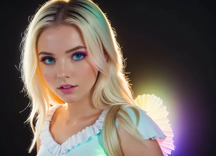 cinematic photo Ombre color scheme of neon pink, neon blue, neon yellow, neon green, neon orange, (anime:1.5) (rainbow-filled) (full-body scene:1.1), glowing particles, 120mm medium format camera. 25-year-old woman with long white-blonde hair, wearing a white sequin frilly ruffled iridescent tight mini dress, posing gracefully, (futuristic pastel colored cute heart-themed ice cream shop:1.8) glowing neon ice cream cones (style of tim walker, ryan mcginley:1.08), highly detailed, cinemascope, 35mm film, high fashion, hasselblad 120mm mediumformat, bokeh, award-winning ultra detailed realistic photograph <lora:ip-adapter-faceid-plusv2_sdxl_lora:1> <lora:sss:0.8> <lora:vibracol:0.45> vibracol <lora:P3NGU1Nstyle_epoch_6:0.5> img <lora:Channel_42:0.8> *Channel_42*, detailed skin texture, (blush:0.5), (goosebumps:0.5), subsurface scattering, 35mm photograph, film, bokeh, professional, 4k, highly detailed