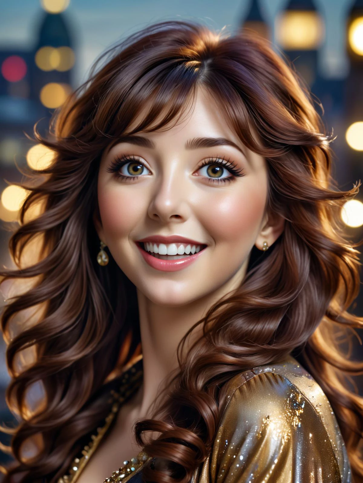 cinematic photo <lora:lora:1>, (Cinematic), (oversized facial features:1.5), (caricature:1.4), Raw 3D render of Kate Bush, big chin, big eyes, big nose, laughing, London background, UHD, <lora:ip-adapter-faceid-plusv2_sd15_lora:1> . 35mm photograph, film, bokeh, professional, 4k, highly detailed