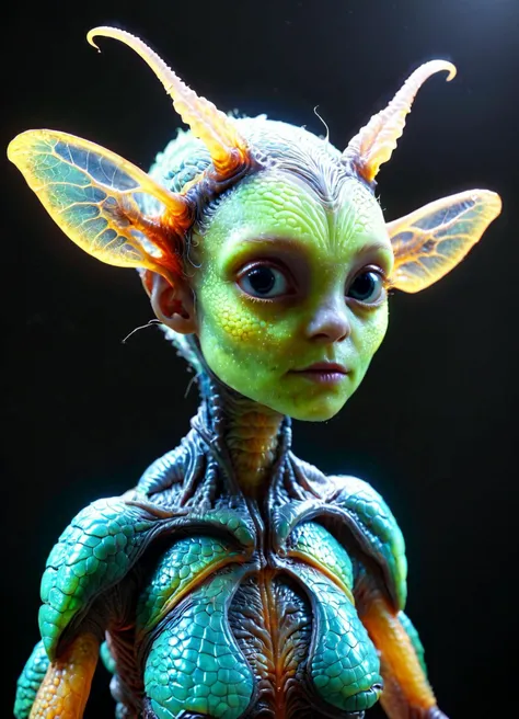 cute adorable alien insectoid-(woman:1.2) with Forked Horns, transparent nodules, highly detailed alien wildlife photography, intricate biological detail <lora:TheWeirdies:0.52> TheWeirdies, <lora:MJ52:0.4> <lora:zavy-flrscnc-sdxl:0.68> zavy-flrscnc, fluorescent, fluorescent dust, fluorescent spraypaint, glowing dust <lora:ip-adapter-faceid-plusv2_sdxl_lora:1> no nipples, , subsurface scattering, Photorealistic, Hyperrealistic, analog style, realistic, film photography, soft lighting, heavy shadow