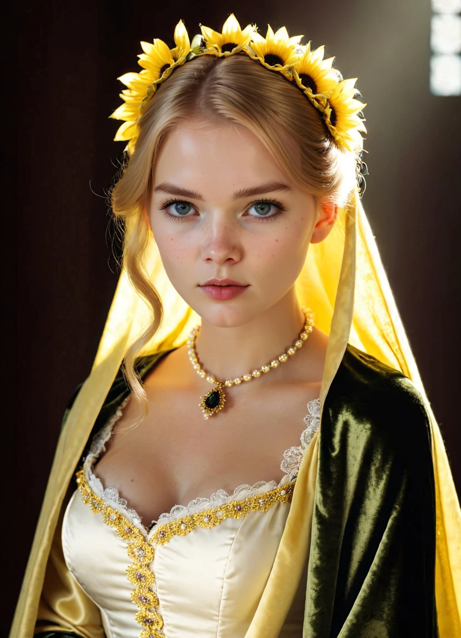 (28-year-old woman:1.1) English Maid (Tudor Manor): Embracing the elegance of the Elizabethan era, she embodies the grace of an English daisy with elaborate braided updo adorned with yellow ribbons, eyes aglow with pride, (pale fair skin, [porcelain like skin, with a hint of freckles]), dressed in attire tailored for temptation, featuring soft yellow fabrics and delicate floral patterns, accessorized with a amethyst necklace and a sunflower-colored velvet cloak inspired by Tudor Manor. (Completing her ensemble, she wears silk stockings). <lora:sss:0.8> <lora:ral-vbrntacyl-sdxl:0.8> ral-vbrntacyl  <lora:ip-adapter-faceid-plusv2_sdxl_lora:1>, subsurface scattering, Photorealistic, Hyperrealistic, analog style, realistic, film photography, soft lighting, heavy shadow
