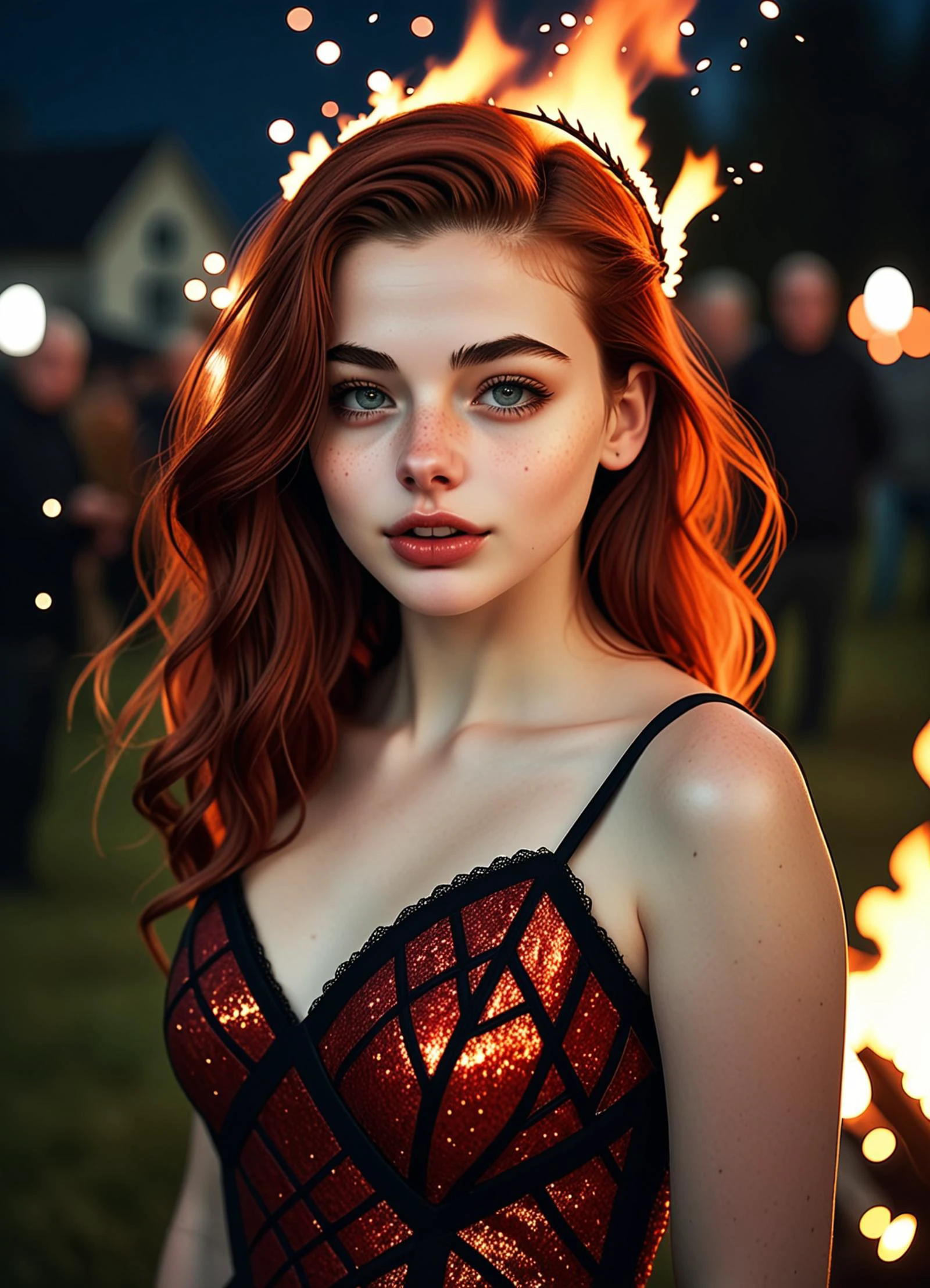(full body shot:1.3) cinematic photo 21-year-old, solo, (redhead:1.1) dressed as scary horned demon, celebrating (Gaelic May Day festival:1.5) (nighttime:1.26) (dress made of fire, sparks, flame:1.42) (moody, shadowy lighting:0.9), high-detail, 4K , 35mm photograph, film, bokeh, professional, 4k, highly detailed, detailed skin texture, (blush:0.5), (goosebumps:0.5) <lora:ip-adapter-faceid-plusv2_sdxl_lora:1>, subsurface scattering, Photorealistic, Hyperrealistic, analog style, realistic, film photography, soft lighting, heavy shadow