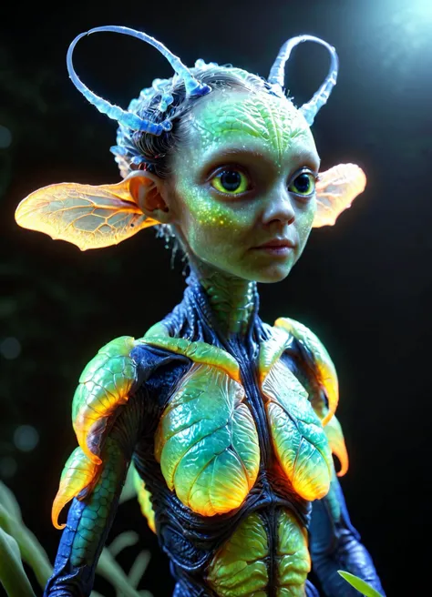 cute adorable alien insectoid-(woman:1.2) with Short Horns, transparent nodules, highly detailed alien wildlife photography, intricate biological detail <lora:TheWeirdies:0.52> TheWeirdies, <lora:MJ52:0.4> <lora:zavy-flrscnc-sdxl:0.68> zavy-flrscnc, fluorescent, fluorescent dust, fluorescent spraypaint, glowing dust <lora:ip-adapter-faceid-plusv2_sdxl_lora:1> no nipples, , subsurface scattering, Photorealistic, Hyperrealistic, analog style, realistic, film photography, soft lighting, heavy shadow