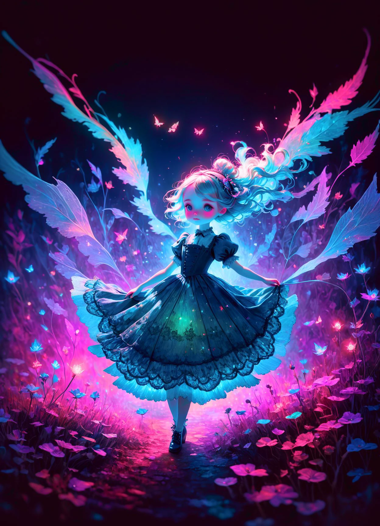 (full body shot:1.3) Anthropomorphic cute Luminous girl, (wearing lace dress:1.4), Details And Colors, By Alexander Jansson Van Gogh. Pop Surrealism, 8k, Whimsical, Intricate. By Jean Baptiste Monge, Carne Griffiths, Ray Caesar, Dariusz Klimczak, surreal hallucinatory intricately detailed sharp focus <lora:ip-adapter-faceid-plusv2_sd15_lora:1> <lora:WorldofMist:1> worldofmist <lora:ral-glydch-sd15:0.8> ral-glydch, subsurface scattering, Photorealistic, Hyperrealistic, analog style, realistic, film photography, soft lighting, heavy shadow
