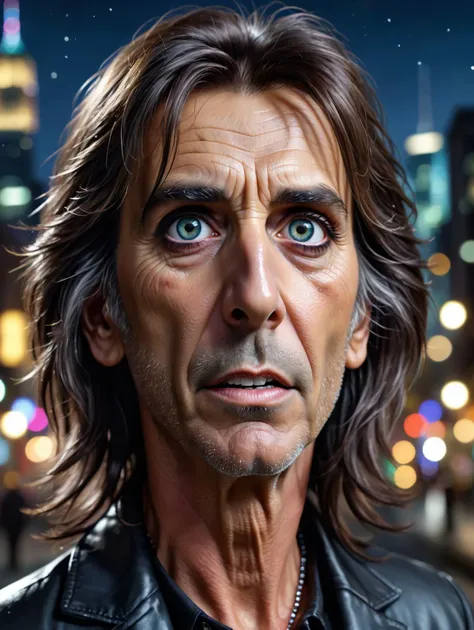 cinematic photo <lora:lora:1>, (Cinematic), (oversized facial features:1.5), (caricature:1.4), aged 50 years old, Raw 3D render of Alice Cooper, big chin, big eyes, big nose, Confused, Night City background, UHD, <lora:ip-adapter-faceid-plusv2_sd15_lora:1> . 35mm photograph, film, bokeh, professional, 4k, highly detailed