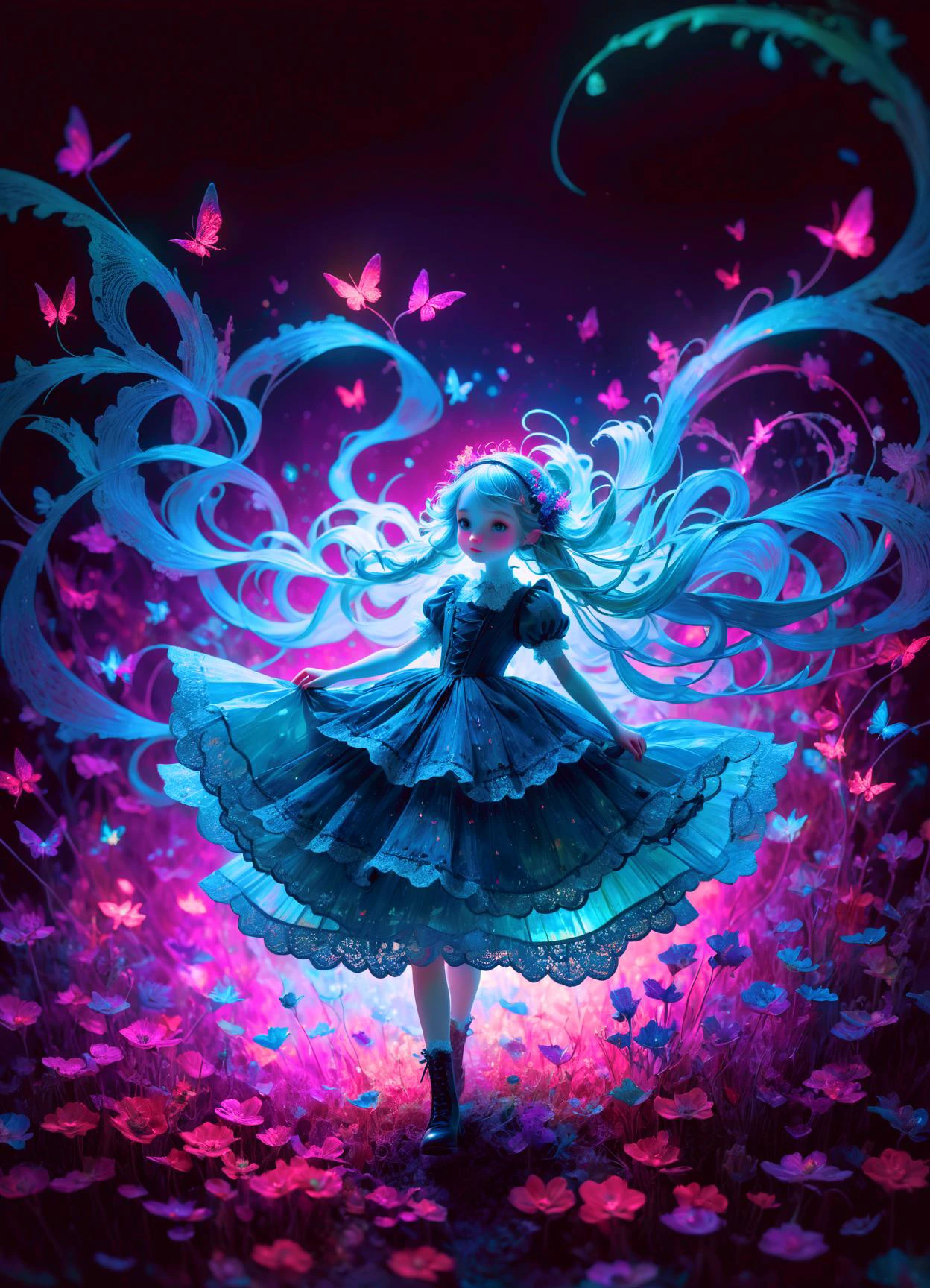 (full body shot:1.3) Anthropomorphic cute Luminous girl, (wearing lace dress:1.4), Details And Colors, By Alexander Jansson Van Gogh. Pop Surrealism, 8k, Whimsical, Intricate. By Jean Baptiste Monge, Carne Griffiths, Ray Caesar, Dariusz Klimczak, surreal hallucinatory intricately detailed sharp focus <lora:ip-adapter-faceid-plusv2_sd15_lora:1> <lora:WorldofMist:1> worldofmist <lora:ral-glydch-sd15:0.8> ral-glydch, subsurface scattering, Photorealistic, Hyperrealistic, analog style, realistic, film photography, soft lighting, heavy shadow