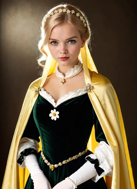 (28-year-old woman:1.1) English Maid (Tudor Manor): Embracing the elegance of the Elizabethan era, she embodies the grace of an English daisy with elaborate braided updo adorned with yellow ribbons, eyes aglow with pride, (pale fair skin, [porcelain like skin, with a hint of freckles]), dressed in attire tailored for temptation, featuring soft yellow fabrics and delicate floral patterns, accessorized with a amethyst necklace and a sunflower-colored velvet cloak inspired by Tudor Manor. (Completing her ensemble, she wears silk stockings). <lora:sss:0.8> <lora:ral-vbrntacyl-sdxl:0.8> ral-vbrntacyl  <lora:ip-adapter-faceid-plusv2_sdxl_lora:1>, subsurface scattering, Photorealistic, Hyperrealistic, analog style, realistic, film photography, soft lighting, heavy shadow