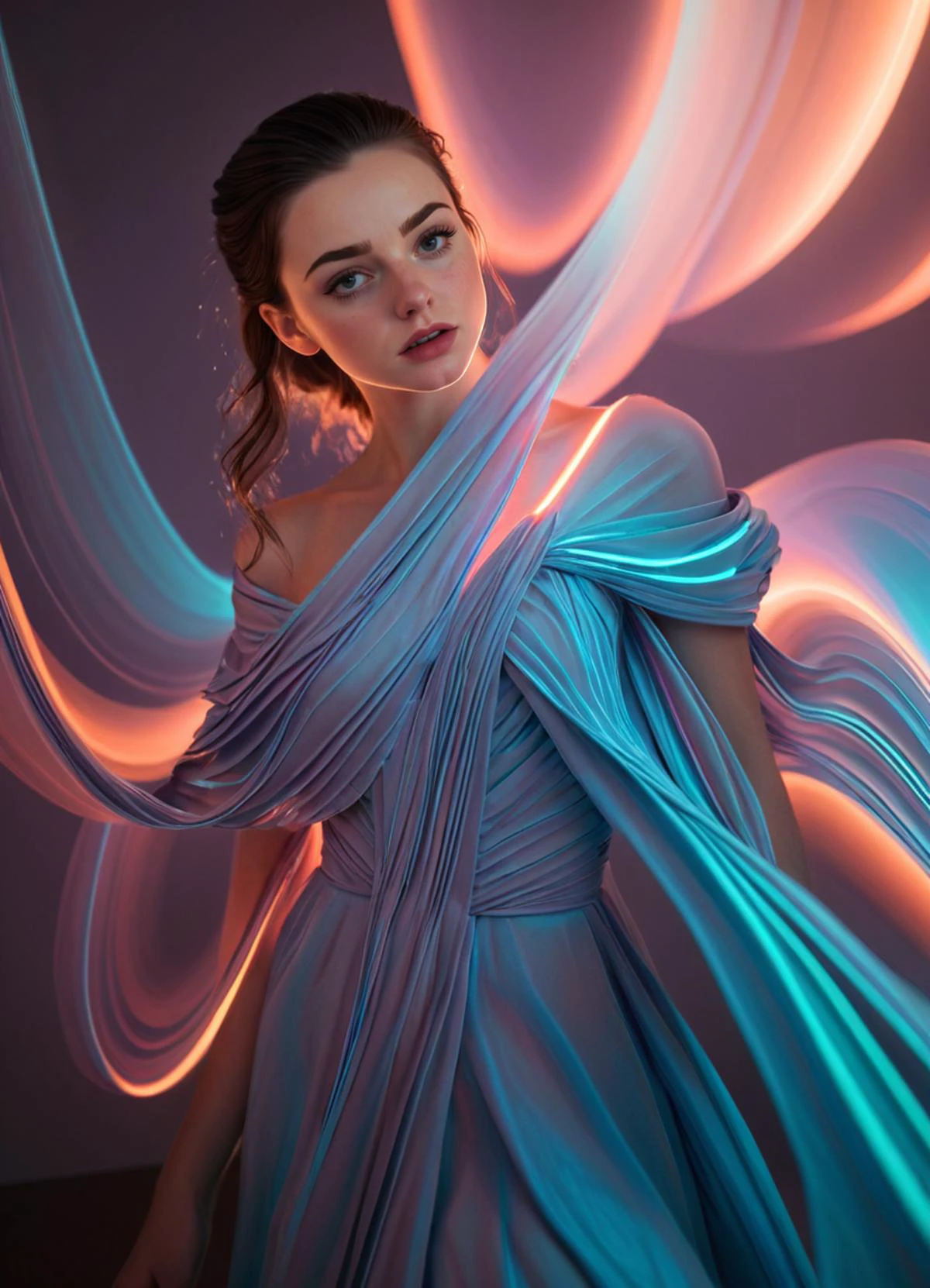 (full body portrait) woman is in a blue dress, in the style of neon and fluorescent light, zbrush, undulating lines, shallow depth of field, 3d, nicolas delort, light silver and turquoise Fujifilm X-T4, Sony FE 85mm f/1. 4 GM <lora:sss:0.8> <lora:envyStarlight_v10:0.8> <lora:ip-adapter-faceid-plusv2_sdxl_lora:1>, subsurface scattering, Photorealistic, Hyperrealistic, analog style, realistic, film photography, soft lighting, heavy shadow