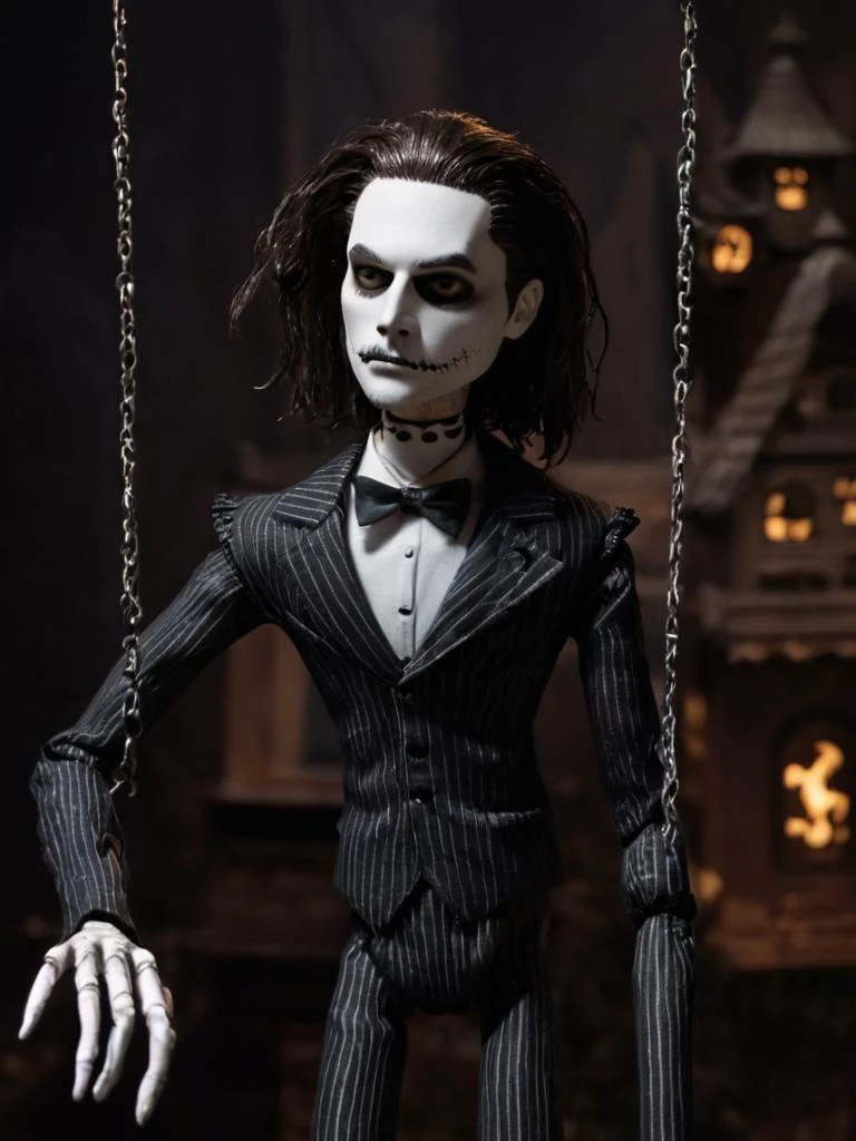 night shot of The Nightmare Before Christmas marionette <lora:ip-adapter-faceid-plusv2_sdxl_lora:0.7> . Stop-motion, Halloween Town, Christmas Town, highly detailed. Dark, lit, moody, mysterious