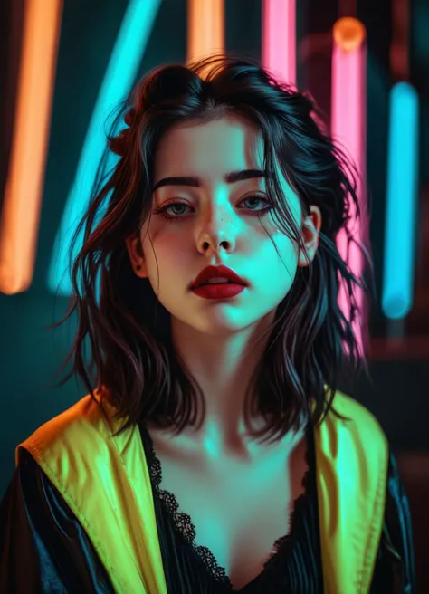 Ombre color scheme of neon orange, neon pink, neon blue, neon yellow, neon green, 25-year-old Gothic woman, cute, in the style of Gothic fashion, expressive facial expressions, shot on a Sony a7III <lora:ip-adapter-faceid-plusv2_sdxl_lora:1> , subsurface scattering, Photorealistic, Hyperrealistic, analog style, realistic, film photography, soft lighting, heavy shadow