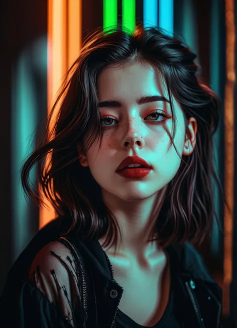 Ombre color scheme of neon orange, neon pink, neon blue, neon yellow, neon green, 25-year-old Gothic woman, cute, in the style of Gothic fashion, expressive facial expressions, shot on a Sony a7III <lora:ip-adapter-faceid-plusv2_sdxl_lora:1> , subsurface scattering, Photorealistic, Hyperrealistic, analog style, realistic, film photography, soft lighting, heavy shadow