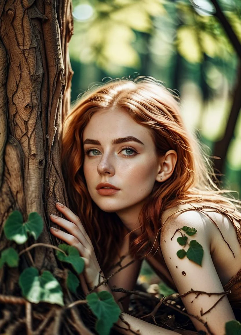 cinematic photo (full body shot:1.4) (dryad human hybrid:1.8), 24-year-old woman (nude:0.85), (tree, branches, roots, leaf, ivy vines merged into body:1.5) analog film, super detail, colorful, shot on fujifilm XT4 <lora:add-detail-xl:0.8> <lora:1980s_Fantasy_Style_test_2:0.58> 1980s Fantasy Style <lora:ip-adapter-faceid-plusv2_sdxl_lora:1> <lora:xl_more_art-full_v1:0.8>, subsurface scattering, Photorealistic, Hyperrealistic, analog style, realistic, film photography, soft lighting, heavy shadow, 35mm photograph, film, bokeh, professional, 4k, highly detailed