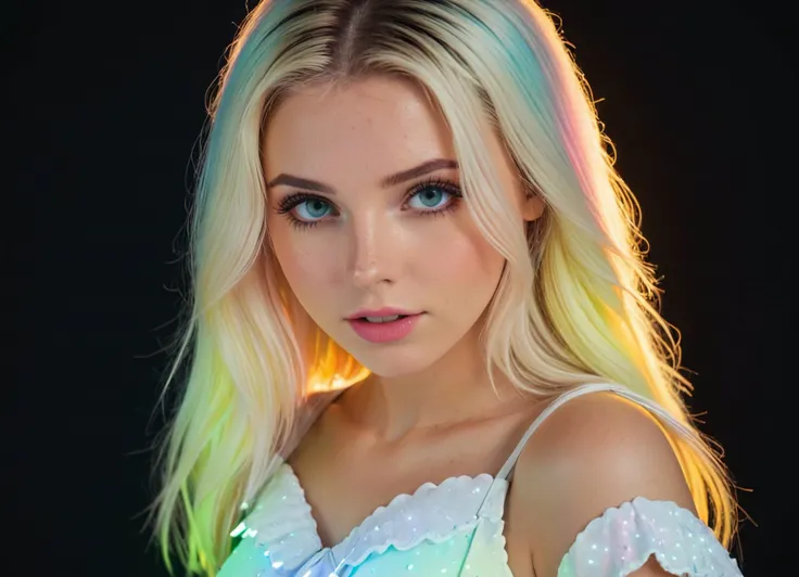 cinematic photo Ombre color scheme of neon pink, neon blue, neon yellow, neon green, neon orange, (anime:1.5) (rainbow-filled) (full-body scene:1.1), glowing particles, 120mm medium format camera. 25-year-old woman with long white-blonde hair, wearing a white sequin frilly ruffled iridescent tight mini dress, posing gracefully, (futuristic pastel colored cute heart-themed ice cream shop:1.8) glowing neon ice cream cones (style of tim walker, ryan mcginley:1.08), highly detailed, cinemascope, 35mm film, high fashion, hasselblad 120mm mediumformat, bokeh, award-winning ultra detailed realistic photograph <lora:ip-adapter-faceid-plusv2_sdxl_lora:1> <lora:sss:0.8> <lora:vibracol:0.45> vibracol <lora:P3NGU1Nstyle_epoch_6:0.5> img <lora:Channel_42:0.8> *Channel_42*, detailed skin texture, (blush:0.5), (goosebumps:0.5), subsurface scattering, 35mm photograph, film, bokeh, professional, 4k, highly detailed