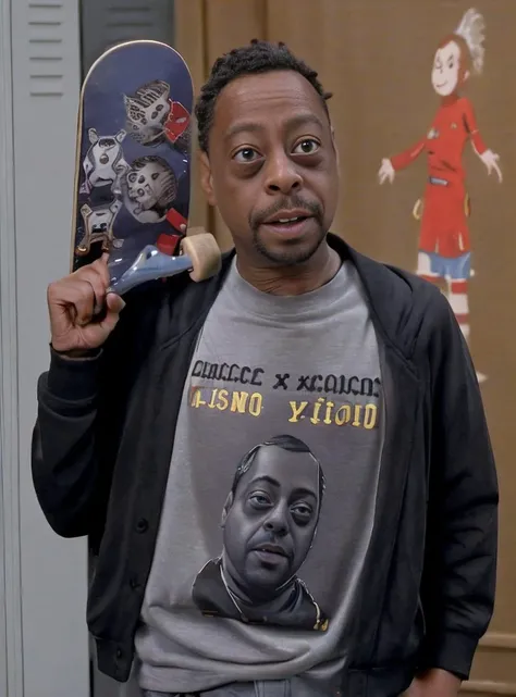 portrait photo of (sks person:1) by bill viola, <lora:beetlekrd:1>
Highly detailed, High Quality, Masterpiece, beautiful, 1boy, HowDoYouDoFellowKidsMeme, holding, skateboard, holding skateboard, <lora:HowDoYouDoFellowKidsMeme:1>, black guy, small head (sks person:1)