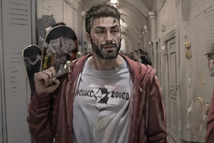 Highly detailed, High Quality, Masterpiece, beautiful, 1boy, HowDoYouDoFellowKidsMeme, holding, skateboard, holding skateboard, <lora:HowDoYouDoFellowKidsMeme:1>, gigachad, <lora:Char_Sigmas_GigaChad:0.75>
