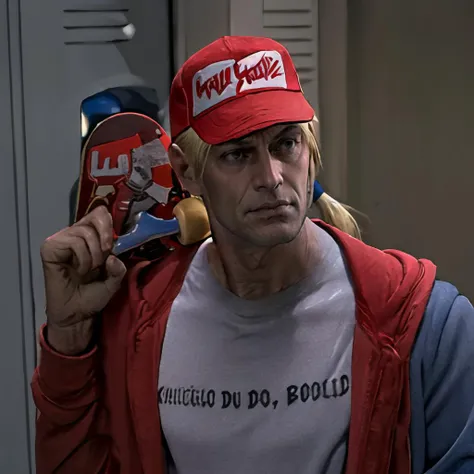 Highly detailed, High Quality, Masterpiece, beautiful, 1boy, HowDoYouDoFellowKidsMeme, holding, skateboard, holding skateboard, <lora:HowDoYouDoFellowKidsMeme:1>, terrybogard, (red trucker cap), (red sleeveless jacket), (white t-shirt), (blonde ponytail), <lora:Char_Sigmas_TerryBogard:1>