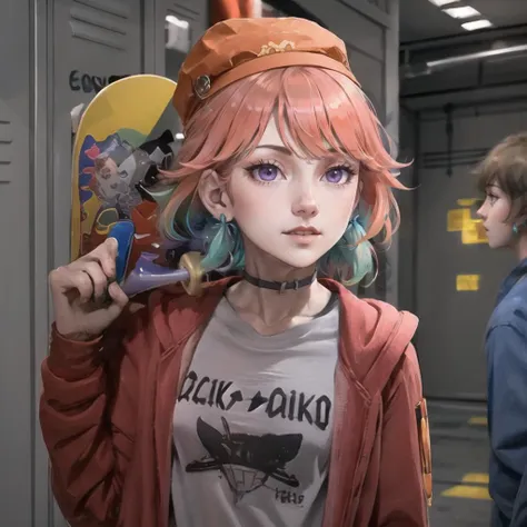Highly detailed, High Quality, Masterpiece, beautiful, 1girl, HowDoYouDoFellowKidsMeme, holding, skateboard, holding skateboard, <lora:HowDoYouDoFellowKidsMeme:1>, takanashi_kiara, purple eyes, feather earrings, orange headwear, orange shirt, <lora:Char_VTuber_Kiara:0.7>