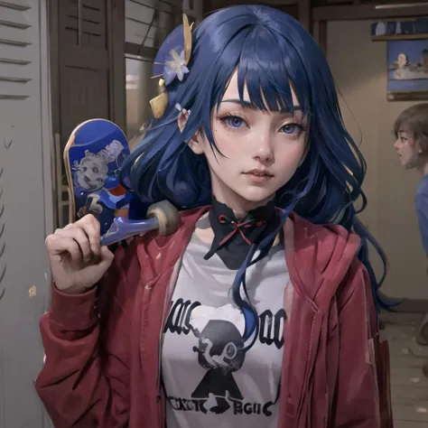 Highly detailed, High Quality, Masterpiece, beautiful, 1girl, HowDoYouDoFellowKidsMeme, holding, skateboard, holding skateboard, <lora:HowDoYouDoFellowKidsMeme:1>, Raiden_Shogun_\(genshin impact\), Raiden_Shogun:1.2, blue hair, long hair, <lora:Char_GenshinImpact_RaidenShogun:0.8>