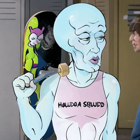 Highly detailed, High Quality, Masterpiece, beautiful, 1boy, HowDoYouDoFellowKidsMeme, holding, skateboard, holding skateboard, <lora:HowDoYouDoFellowKidsMeme:1>, Handsome-squidward, blue skin, blue, pink lips, <lora:Char_Sigmas_HandsomeSquidward:0.9>