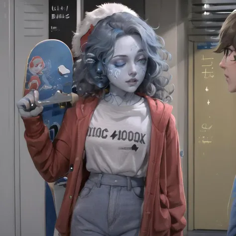 Highly detailed, High Quality, Masterpiece, beautiful, 1girl, HowDoYouDoFellowKidsMeme, holding, skateboard, holding skateboard, <lora:HowDoYouDoFellowKidsMeme:1>, Ranni, wavy hair, (blue skin:1.3), cracked skin, extra arms, <lora:Char_EldenRing_Ranni:0.9>, ExtraFacesRanni, <lora:Looks_ExtraFaces:1>