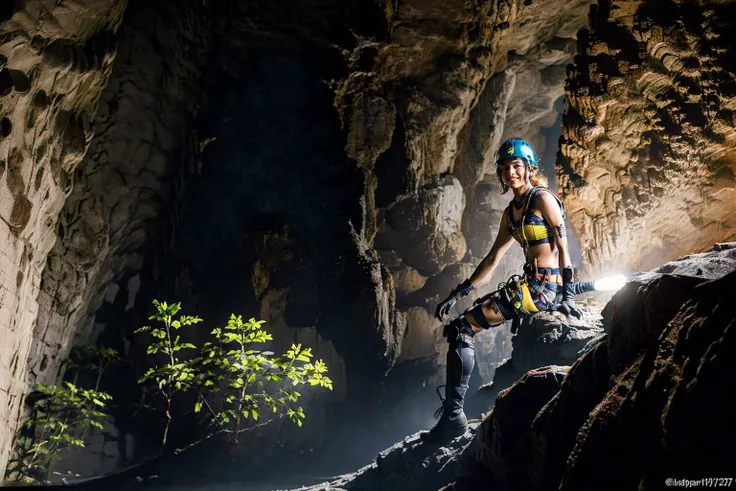 <lora:sondoong-000010:0.8>, cave, sondoong, plant, ((Helmet, Headlamp, Knee pads, Gloves, Boots, Climbing gear, Harness, )),
1girl, a stunning photo with beautiful saturation, ultra high res,(realistic:1.4)),deep shadow,(best quality, masterpiece), pale skin, dimly lit, shade, flustered, blush, highly detailed, ((upper body:0.8)), skinny, BREAK depth of field, film grain, wrinkled skin, looking at viewer, knee, warm smile,, (masterpiece,best quality:1.5)