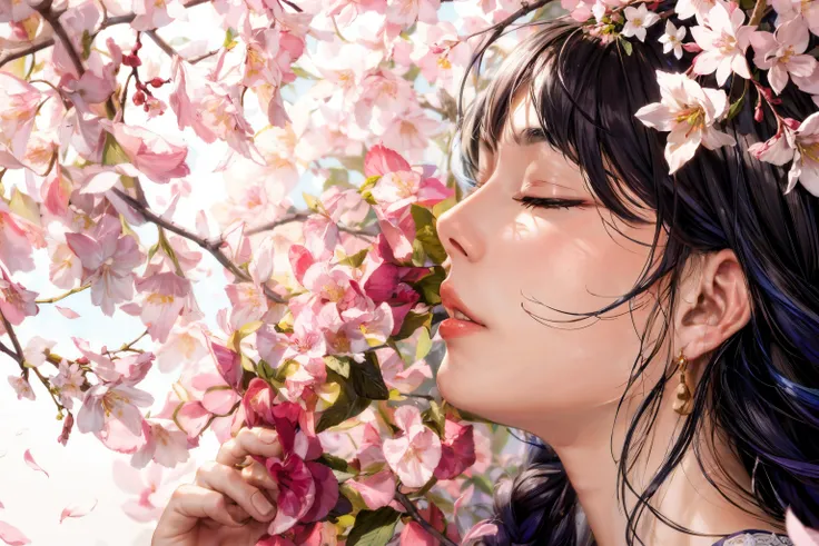 masterpiece,best quality,intricate details,photorealistic, close-up, cherry blossoms,
BREAK
1girl, face portrait, profile,long hair,purple hair, braid, hair ornament, detailed skin texture,(closed eyes, relaxed),fingers, parted lips, smelling, leaf, tree branch, flower, pink petal, <lora:add_detail:0.8>, <lora:raiden:0.9>