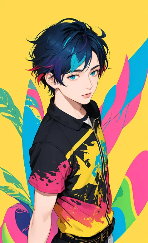 masterpiece, best quality, highres, high quality, 1boy, solo, male focus,  multicolored hair, realistic, colorful background, (2D:1.2),(flat color:1.2),(colorful:1.4), floating,