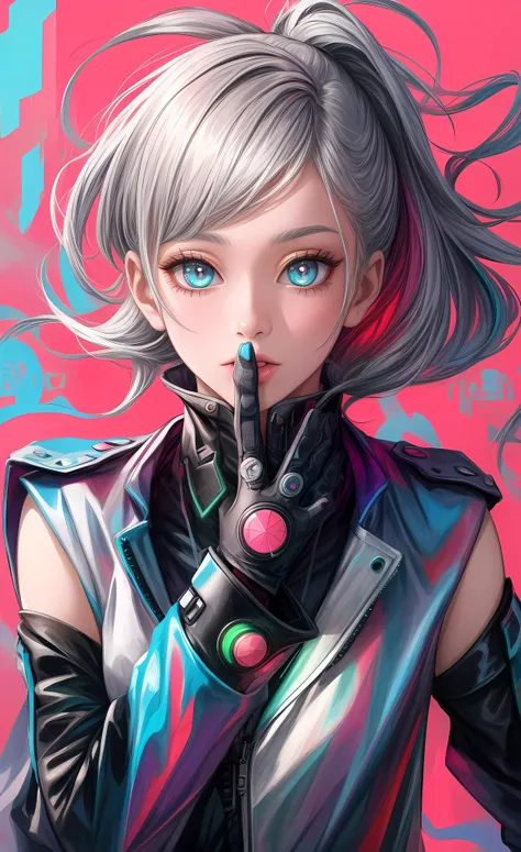 masterpiece, best quality, highres, high quality, 1girl, solo, female focus, grey hair, realistic, cyberpunk, (2D:1.2),(flat color:1.2),(colorful:1.4), floating, <lora:add_detail:1>,
