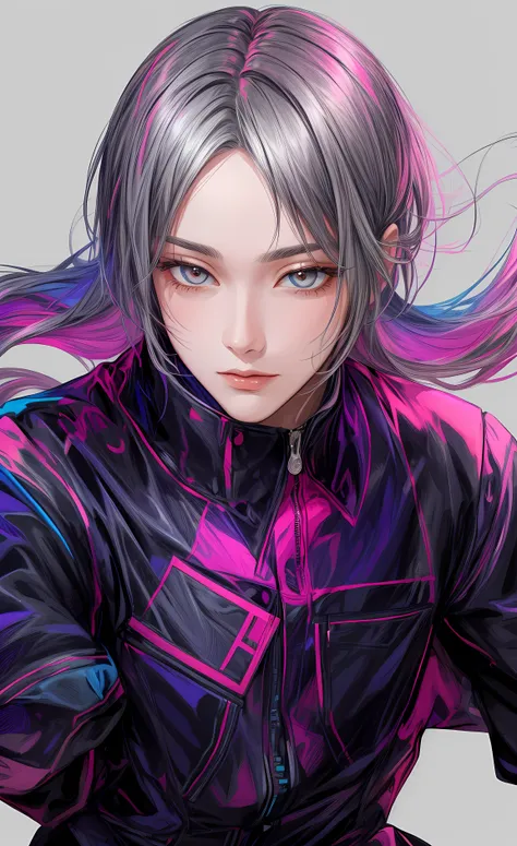 masterpiece, best quality, highres, high quality, 1boy, solo, male focus, grey hair, realistic, cyber background, (2D:1.2),(flat color:1.2),(colorful:1.4), floating, <lora:add_detail:1>,