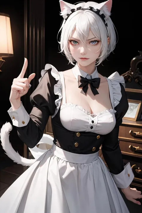 masterpiece, best quality, AI artistry, White hair, Cat ears, Maid outfit, Haughty expression, Feminine demon vibes, Scolding posture, Intense gaze, Undeniable aura, Pointing gesture, Devilish smirk, Provocative stance, Tail-end uniform, Contemptuous look, Overconfidence.