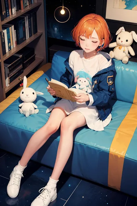 ((masterpiece)), (((best quality))), ((ultra-detailed)), ((illustration)), 1girl,,aqua theme,black hair,blinking,blue jacket,book,bookshelf,closed mouth,color edtips,constel lation,flat color,holding,holding wand,jacket,looking up,lying,malefocus,multicolored hair,noline art,orange hair,orbital path,planet,shirt,short hair,sitting,solo,space,spacestation,spacecraft interior,starwand,stuffedanima,stuffed bunny,stuffed toy,tele scope,utaite(singer),wand1,whitefootwear,whiteshirt