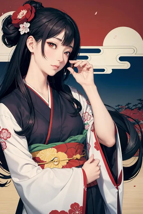 Ukiyo-e_style,flat_style,simple_colors,masterpiece, katsushika_hokusai,long_hair,hair_flower,black_hair,red_eyes,red_sky,chinoiserie,best_quality,kimono,ultra-detailed,illustration,Maple_leaves_flying,1girl,solo,an_extremely_delicate_and_beautiful,blank_stare,close_to_viewer,breeze,Flying_splashes,Flying_petals,wind,Gorgeous and rich graphics