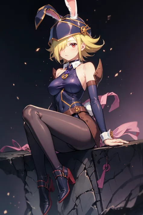 <lora:Gagaga:0.9> GagaDef , short hair, blonde hair, red eyes, detailed eyes, hair over one eye, breasts, large breasts, hat, bare shoulders, medium breasts, boots, detached sleeves, choker, blue footwear, duel monster, charm (object), wizard hat, gagaga girl, battle bunny riven, 1girl, solo, animal ears, rabbit ears, <lora:Battle_Bunny_Riven_LOL-000016:0.5>, magic aura, magic particles, sitting on edge