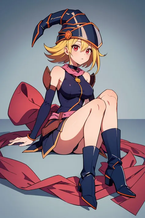 (masterpiece, best quality), 1girl, <lora:Gagaga:0.8> GagaDef , short hair, blonde hair, red eyes, hair over one eye, breasts, large breasts, hat, bare shoulders, medium breasts, boots, detached sleeves, choker, blue footwear, duel monster, charm (object), wizard hat, gagaga girl