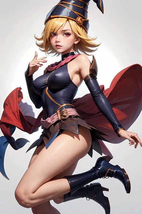 (masterpiece, best quality), 1girl, <lora:Gagaga:0.8> GagaDef , short hair, blonde hair, red eyes, hair over one eye, breasts, large breasts, hat, bare shoulders, medium breasts, boots, detached sleeves, choker, blue footwear, duel monster, charm (object), wizard hat, gagaga girl