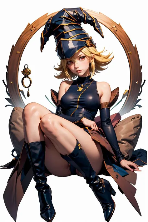 (masterpiece, best quality), 1girl, <lora:Gagaga:0.8> GagaDef , short hair, blonde hair, red eyes, hair over one eye, breasts, large breasts, hat, bare shoulders, medium breasts, boots, detached sleeves, choker, blue footwear, duel monster, charm (object), wizard hat, gagaga girl