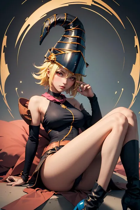 (masterpiece, best quality), 1girl, <lora:Gagaga:0.8> GagaDef , short hair, blonde hair, red eyes, hair over one eye, breasts, large breasts, hat, bare shoulders, medium breasts, boots, detached sleeves, choker, blue footwear, duel monster, charm (object), wizard hat, gagaga girl