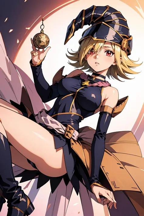 (masterpiece, best quality), 1girl, <lora:Gagaga:0.8> GagaDef , short hair, blonde hair, red eyes, hair over one eye, breasts, large breasts, hat, bare shoulders, medium breasts, boots, detached sleeves, choker, blue footwear, duel monster, charm (object), wizard hat, gagaga girl