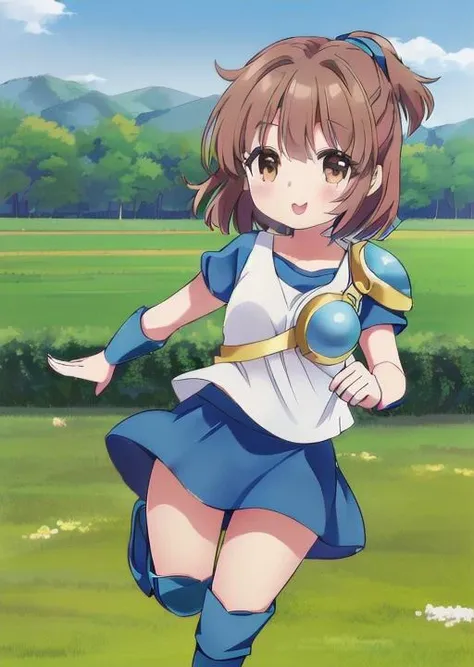 masterpiece, best quality, <lora:lora:0.6>,outdoor,sunny field,in nendroid style ,(crayon (medium)),<lora:arlenadja_v1:0.7>,(arlenadja,1girl,(petite,puchi), solo,dynamic pose, dynamic angle,skirt, brown hair, blue skirt, brown eyes, boots, short hair, half updo, blue footwear, knee boots, armor,:p:1.2),<lora:GoodHands-vanilla:0.8> <lora:anmnr01:0.3> <lora:add_detail:0.5>