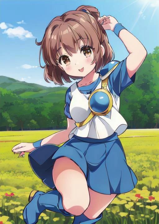 masterpiece, best quality, <lora:lora:0.6>,outdoor,sunny field,in nendroid style ,(crayon (medium)),<lora:arlenadja_v1:0.7>,(arlenadja,1girl,(petite,puchi), solo, skirt, brown hair, blue skirt, brown eyes, boots, short hair, half updo, blue footwear, knee boots, armor,:p,active pose:1.2),<lora:GoodHands-vanilla:0.8> <lora:anmnr01:0.3> <lora:add_detail:0.5>