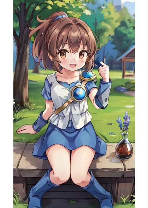 masterpiece, best quality, <lora:lora:0.6>,outdoor,(nendroid,fantasy:1.3),<lora:arlenadja_v1:0.7>,arlenadja, 1girl,petite, solo, skirt, brown hair, blue skirt, brown eyes, boots, short hair, half updo, blue footwear, knee boots, armor, :D,<lora:GoodHands-vanilla:0.8> <lora:anmnr01:0.3> <lora:add_detail:0.5>