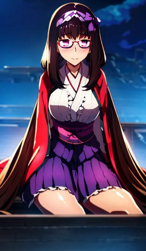 (best quality, masterpiece, 1girl, cowboy shot:1.1) OSAKABEHIME, OKKI, hairband, kimono, layered kimono, layered clothes, japanese clothes, low twintails,(cloak, hooded cloak, hood,  hood down,:1.1) skirt, cloak, detached sleeves, gradient hair, purple skirt, hairband,  glasses, very long hair, brown hair, blonde hair, purple eyes, large breast, twintails, huge breast,  blush, shy expression, wavy mouth , holding eyewear, moonlight,  night sky,  sitting,  (<lora:Okki-10:1>:0.7)
UFOTABLE STYLE, ANIME COLORING, ANIME SCREENCAP,  ( <lora:ufotableFateSeriesStyle_ufussyv2:1>:0.9)