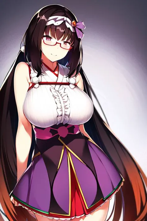 OSAKABEHIME, OKKI, glasses, very long hair, brown hair, black hair, purple eyes, large breast, 1girl, twintails, cowboy shot, <lora:Okki-10:1>